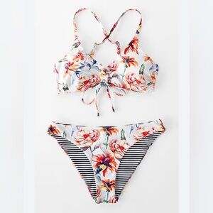 Floral And Striped Reversible Bikini